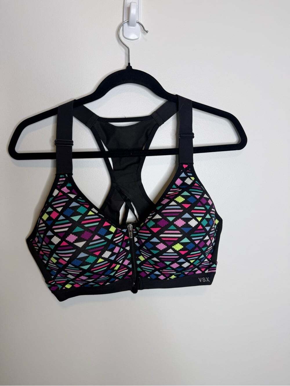 VSX Black Geometric Multi-Color Front Zip Sports Bra size 36D Victoria secret